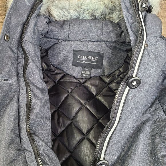 Skechers Womens Sz LG Dark Gray Faux Fur Lined Hooded Winter Jacket Puffer Parka - Picture 11 of 11